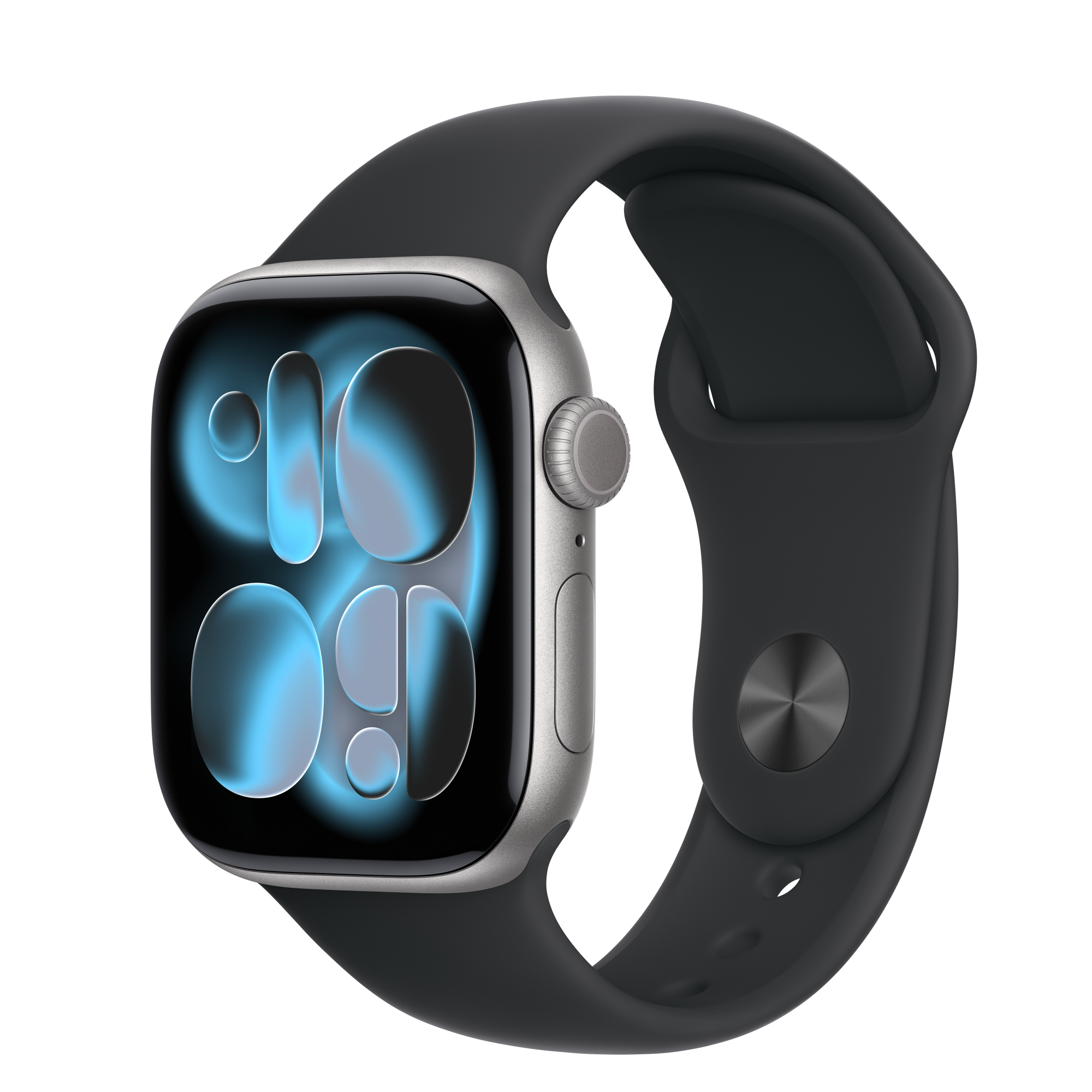 Three-quarter product render of an Apple Watch with a dark sport band